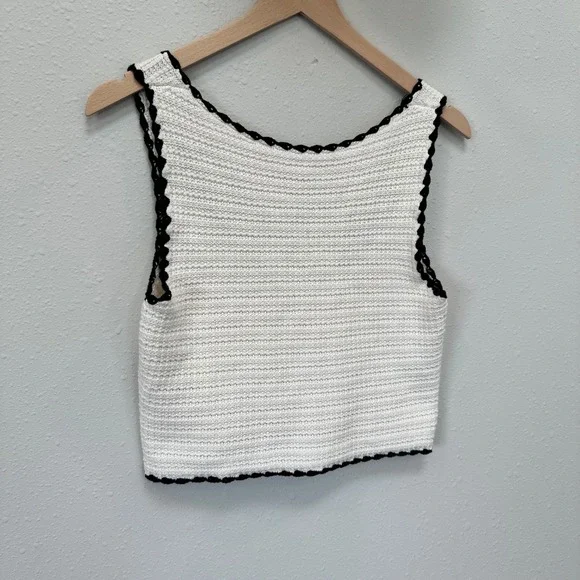 Cotton On Knit Crop Top Women Large Cream Black Scalloped Trim Coastal Summer - Picture 15 of 15